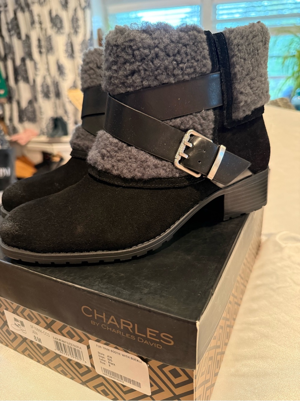 CHARLES by Charles David Black Suede Ankle Boots with Gray Shearling Cuff